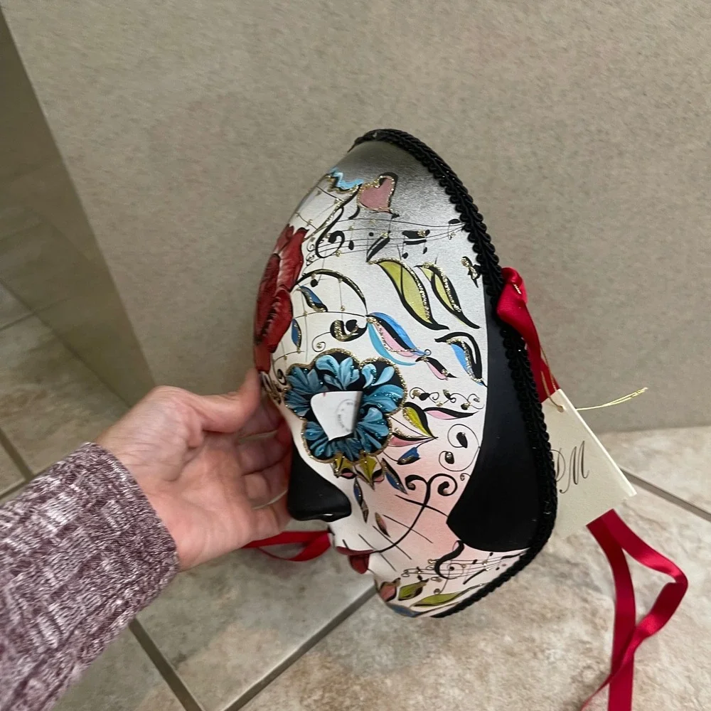 Day of the Dead New Hand Painted Italian Masquerade Mask Red Rose Blue‎ Flowers